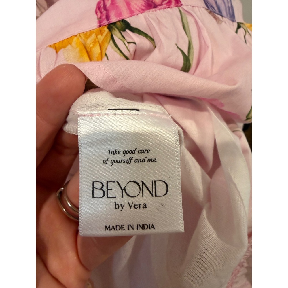 Beyond by Vera Pink Floral Cotton Puff Sleeve Mini Dress Square Neck Small - Picture 6 of 12